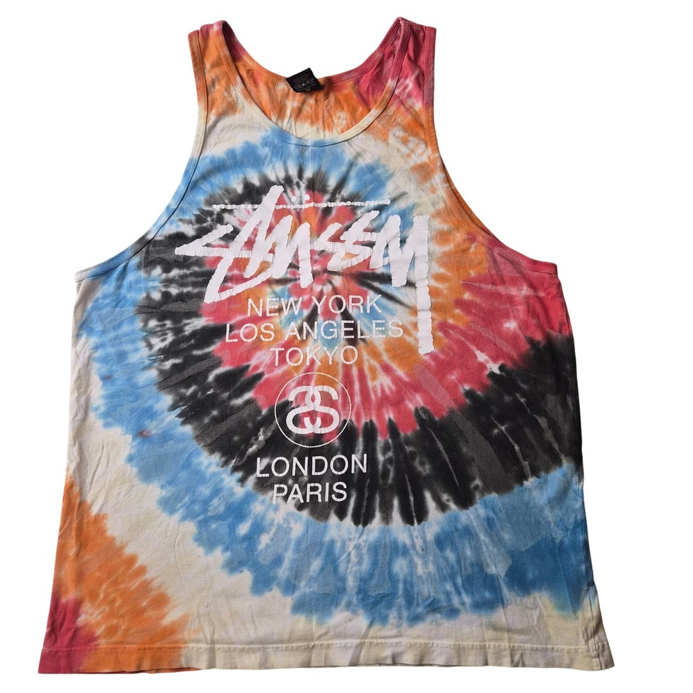 Stussy World Tour Tie Dye Tank Top Mens Medium Multi Color Graphic Streetwear